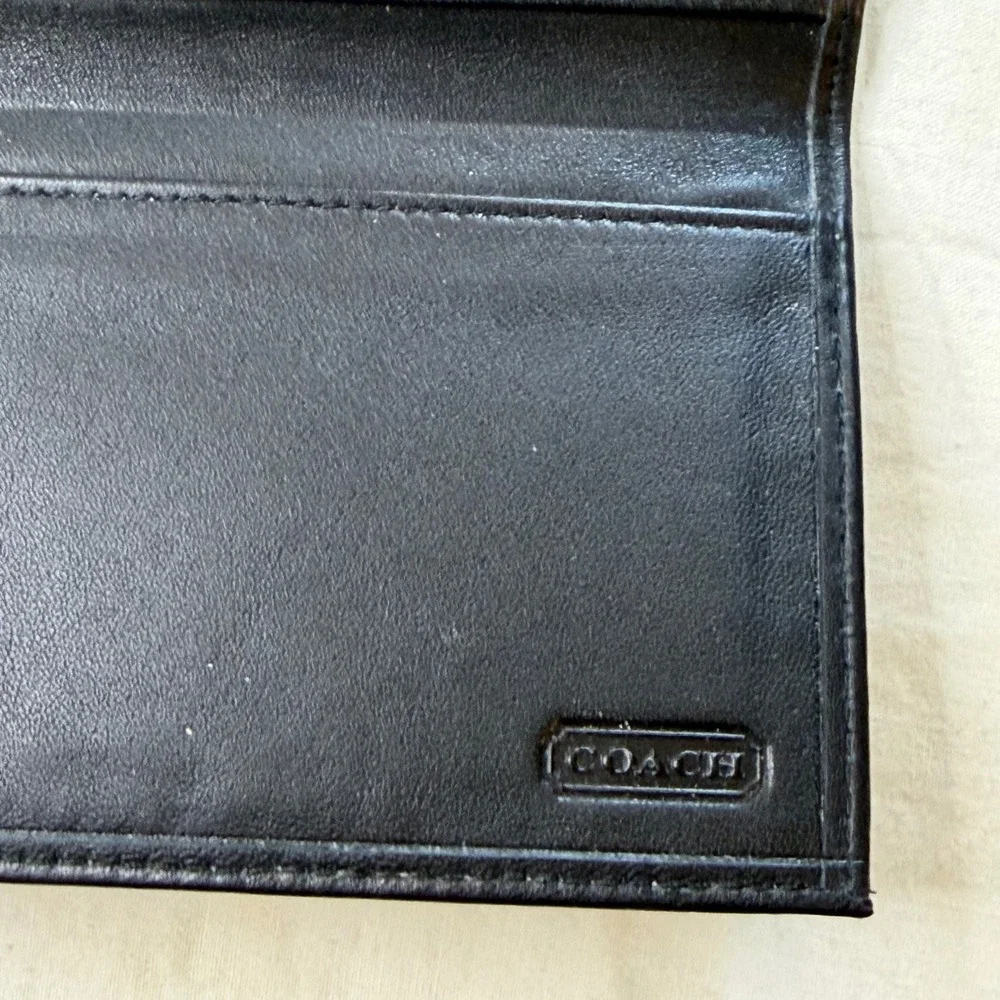 Coach Signature C Monogram Checkbook Cover Black Grey Leather Trim Slim Wallet - Picture 5 of 7